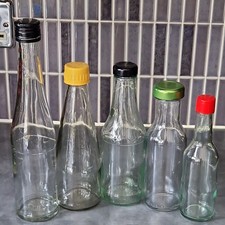 5 Empty Clear Glass  Sauce Bottle Bundle  - Storage / crafts / Display/ weddings