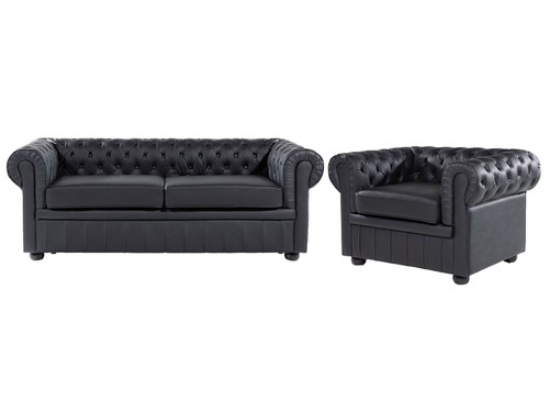 Leather living room set - leather, black