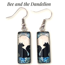 Black Cat /Kitten Against The Moon Glass Rectangular Silver Tone Earrings