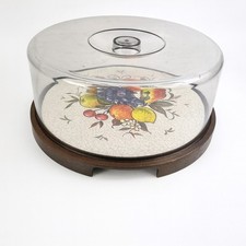 Retro Fruit-Pattern  Base Cake Stand with Clear plastic Dome Cover apx 10" 
