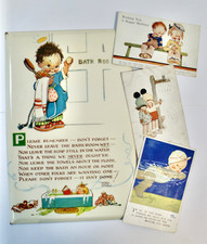Vintage Valentines Mabel Lucie Attwell Bathroom Plaque With 3 x Postcards