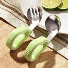2Pcs Silicone Handle Baby Fork and Spoon Set Self Feeding with Storage Box