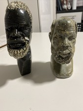 Pair Of Hand Carved African Stone Head Bust Statue