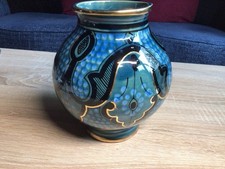 Lovely Asian Vase, High Gloss Finish With Gold Overlay Lines, Marked To Base.