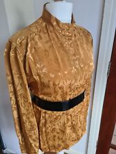Vintage 1980s 26 Gold Shiny Print Power Secretary Blouse High Neck Mistress