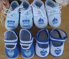 Baby Boy Pram Shoes Canvas I Love Mum I Love Dad Print Blue White Teddy Boat 0 3