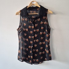 Ladies Top Size L 12 14 Sheer Chiffon Blouse Black Fox Print Summer Day Office 
