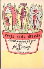 Vintage 1950s Women's Clothing Advertising Postcard "Coats Suits Dresses" Spring