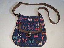 Navy Blue Butterfly Design Shoulder Bag With Pocket And Brown Adjustable Strap