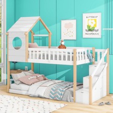 Cabin House Bunk Bed Solid Wood Kids High Sleeper with Storage Stairs Single Bed