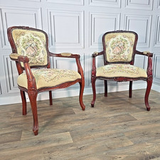 Pair 2 Vintage French Louis Style Armchairs Tapestry Upholstery & Carved Chairs