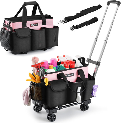 Pink rolling cleaning caddy - cleaning,