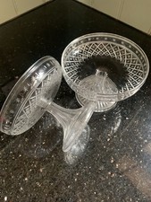 Pair Of Victorian ? Etched Crystal Glass Tazza Compote Dishes Blown Hollow Stem