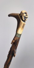 Antique antler handle carved with fox heads natural branch walking stick