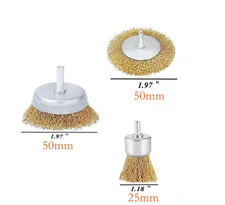 3 Piece Steel Wire Brush Drill Brass Coated Rotary Polishing Rust Tool Set