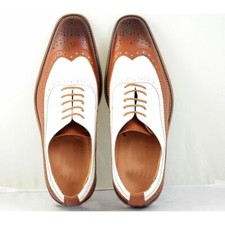Handmade Shoes Men Brown White