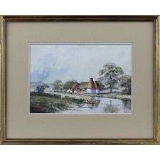 Watercolour by Geoffrey John Hall. Kent farmbuilding with Oast houses