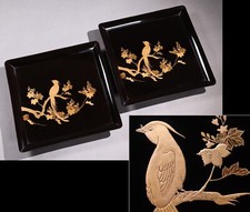 Antique Japanese Lacquerware Wooden Tray Gold Magpie Bird Pattern Meiji Era