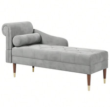 Chaise Lounge Elegant Grey Velvet Reader's Bedroom Lounge Sofa w/ Wood Legs