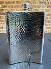 Large Vintage Silver Plated Hammered Hip Flask – 21 cm – Curved Form – Screw Cap