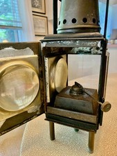 Antique English railway carriage wood & brass carriage oil lamp pedestal mount