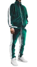 Mens velour tracksuit, green urban street wear jogging set 2 piece