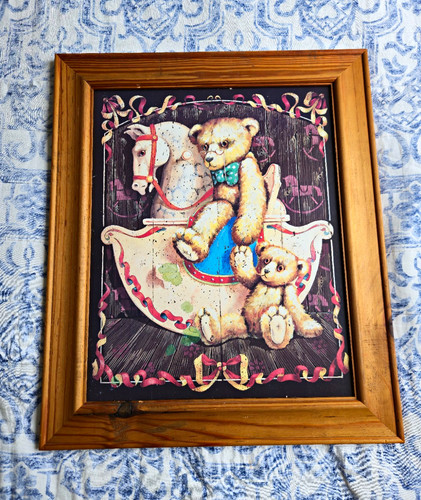 Vintage framed wooden teddy - vintage,