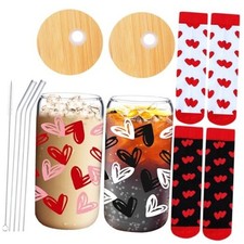  2 Sets Valentine's Day Glass Cups with Hearts Socks Glasses Cup with Red,Black