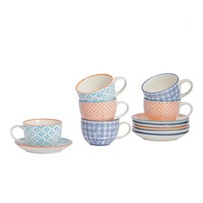 12 Piece Hand-Printed Cappuccino Cup & Saucer Set Coffee Cups 250ml 3 Colours