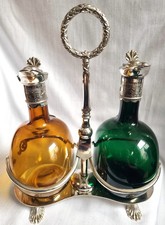 ANTIQUE PAIR GLASS FLAGONS DECANTERS - SHERWOODS BIRMINGHAM SILVER PLATED STAND