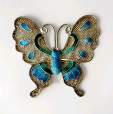 Silver Enamel Butterfly Brooch Chinese Export Vintage Retro Insect Bug Pin 