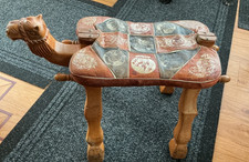 Vintage Camel Saddle Wood Stool Egyptian Revival Leather Cushion Good Condition