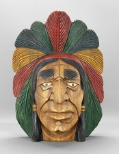 Vintage NATIVE AMERICAN WARRIOR CHIEF Hand Carved & Painted WOOD SCULPTURE 30cm