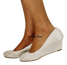 WOMENS IVORY LACE LOW KITTEN HEEL FULL TOE BRIDAL WEDDING WEDGE SHOES SIZES  5