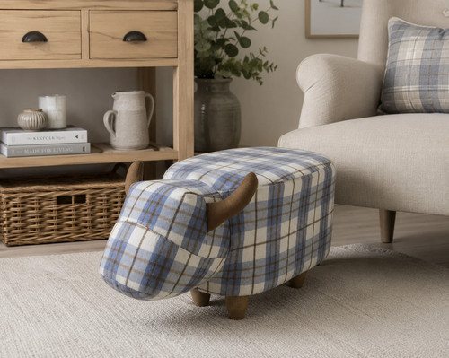 Blue tartan cow footstool with - blue,