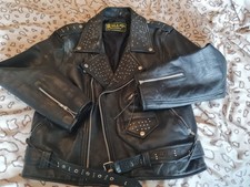 Mens Size 44 Black Leather Studded Biker Jacket