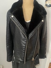 Topshop Womens Black Flying Jacket. Size UK 12 Fur Trimmed Faux Leather