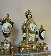 Superb Clock Garniture Set Painted Porcelain Panels Amazing Teal Colour