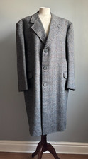 Vintage wool trench COAT tweed black white 46 44 100% SIMONETTI Made in England