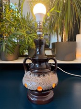 West German pottery lamp twin handles pierced base lava drip glaze brown 30cm