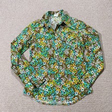 Vintage 70s Shirt Womens Size 8 UK Green Brown Floral Dagger Collar 1970s Cotton
