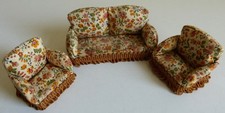VINTAGE DOLLS HOUSE FLORAL PATTERNED THREE PIECE SUITE, SOFA & 2 CHAIRS