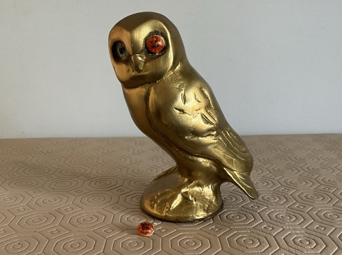 Vintage brass owl with glass - brass, glass/