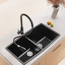 Double Bowl Inset/Undermount Kitchen Sink Quartz Stone Deep Bowl w/Drainer Waste