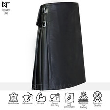 Men's Genuine Cow Leather Kilt Scottish Pleated Flat Front Rear Pockets LARP