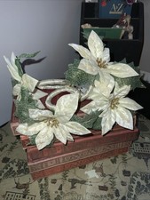 4x Cream Christmas Napkin Holder Poinsettia Napkin Rings Gold Glitter Centre