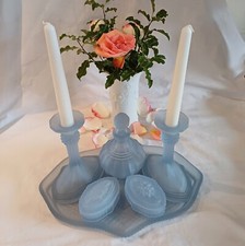 BAGLEY GLASS Trinket Set ILKLEY 1233 Pattern Frosted Blue 1930s Era