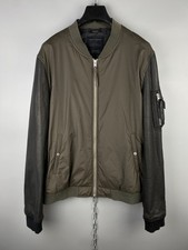 Allsaints Mens Nylon Khaki Leather Sleeves Manta Bomber Jacket Sz 2XL