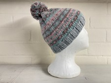 Hand Knit Fair Isle Chunky Stripy Pattern Bobble Hat Snug Fit Grey Blue Pink