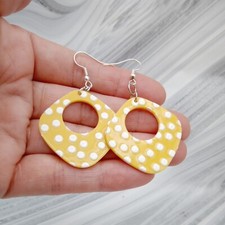 Yellow earrings white polka dot square hoop dangles retro womens jewellery UK